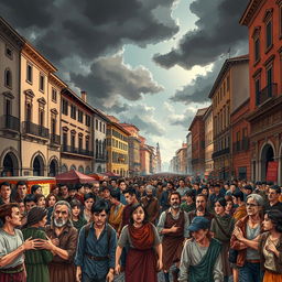 A dramatic illustration of a bustling Verona street scene showcasing the impact of hatred among the citizens