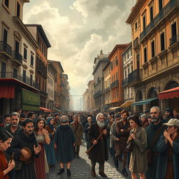 A dramatic illustration of a bustling Verona street scene showcasing the impact of hatred among the citizens