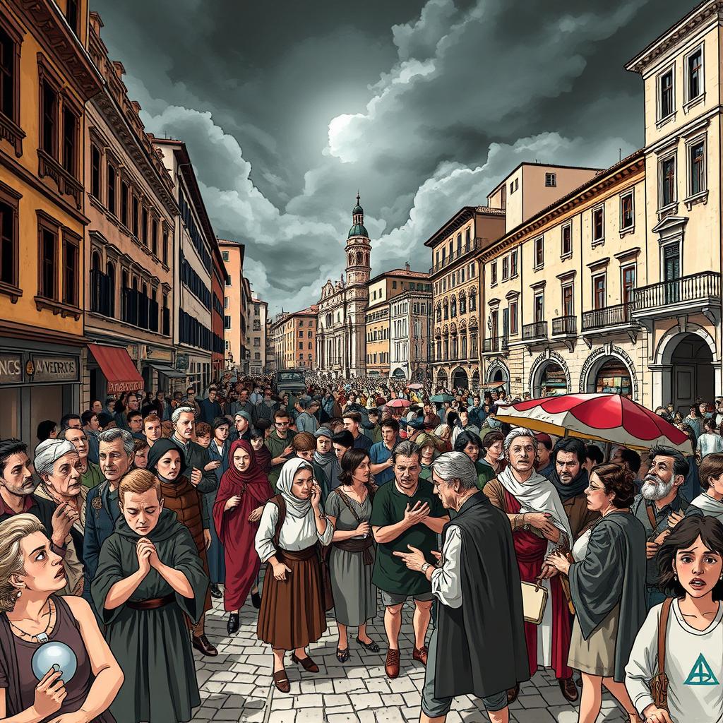 A dramatic illustration of a bustling Verona street scene showcasing the impact of hatred among the citizens