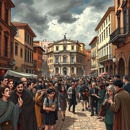 A dramatic illustration of a bustling Verona street scene showcasing the impact of hatred among the citizens