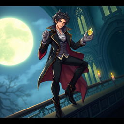 A noble thief character, elegantly dressed in a stylish, flowing outfit that blends elements of classic aristocracy and stealthy adventure