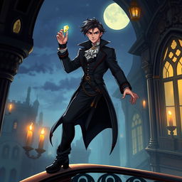 A noble thief character, elegantly dressed in a stylish, flowing outfit that blends elements of classic aristocracy and stealthy adventure