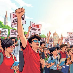 A dynamic illustration capturing an outdoor student rally focused on the theme of battling corruption in Indonesia