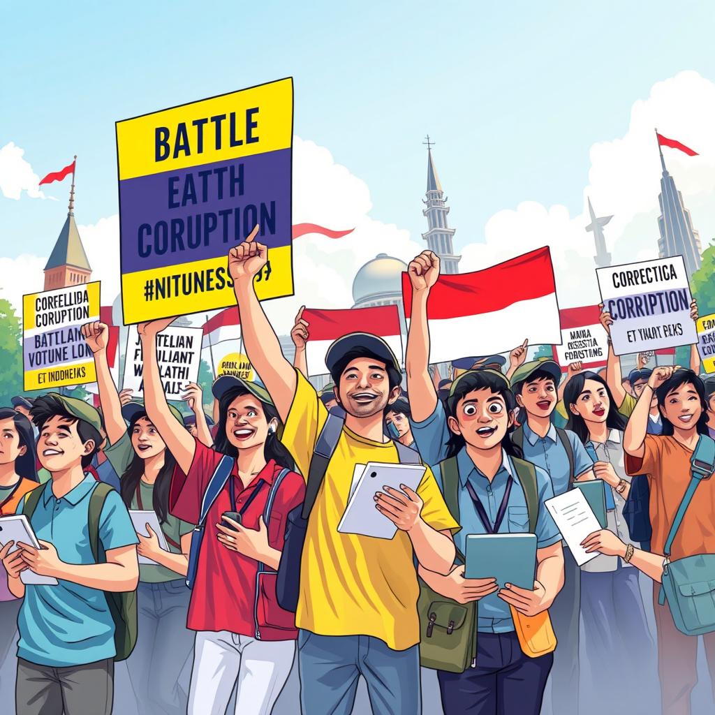 A dynamic illustration capturing an outdoor student rally focused on the theme of battling corruption in Indonesia