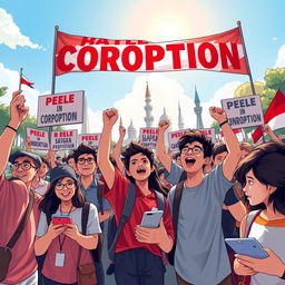 A dynamic illustration capturing an outdoor student rally focused on the theme of battling corruption in Indonesia