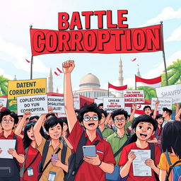 A dynamic illustration capturing an outdoor student rally focused on the theme of battling corruption in Indonesia