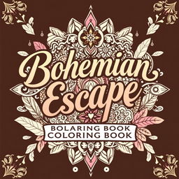 A whimsical and artistic front cover design for a book titled 'Bohemian Escape: Relaxing Coloring Book'