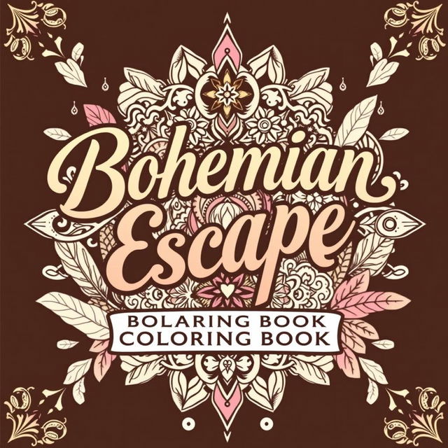 A whimsical and artistic front cover design for a book titled 'Bohemian Escape: Relaxing Coloring Book'