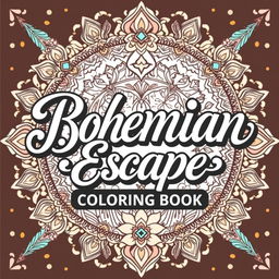 A whimsical and artistic front cover design for a book titled 'Bohemian Escape: Relaxing Coloring Book'