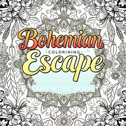 A whimsical and artistic front cover design for a book titled 'Bohemian Escape: Relaxing Coloring Book'