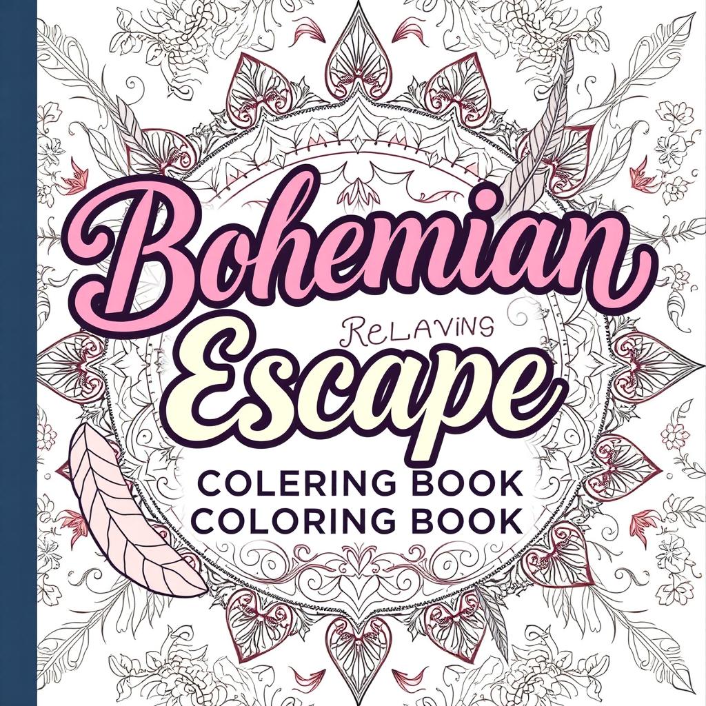 A whimsical and artistic front cover design for a book titled 'Bohemian Escape: Relaxing Coloring Book'