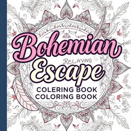 A whimsical and artistic front cover design for a book titled 'Bohemian Escape: Relaxing Coloring Book'