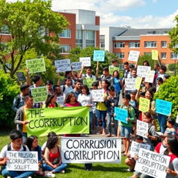 A vibrant university campus scene depicting the spirit of student activism against corruption