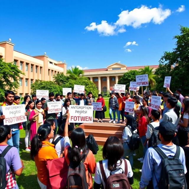 A vibrant university campus scene depicting the spirit of student activism against corruption