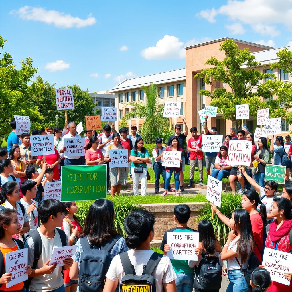 A vibrant university campus scene depicting the spirit of student activism against corruption