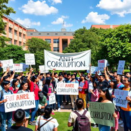 A vibrant university campus scene depicting the spirit of student activism against corruption