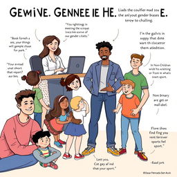An informative and empowering illustration showing a diverse group of individuals engaging in various activities that challenge gender biases, such as a woman confidently leading a meeting in a corporate office, a man taking care of children at a park, and a non-binary person participating in a traditionally male sport