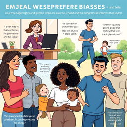 An informative and empowering illustration showing a diverse group of individuals engaging in various activities that challenge gender biases, such as a woman confidently leading a meeting in a corporate office, a man taking care of children at a park, and a non-binary person participating in a traditionally male sport