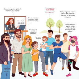 An informative and empowering illustration showing a diverse group of individuals engaging in various activities that challenge gender biases, such as a woman confidently leading a meeting in a corporate office, a man taking care of children at a park, and a non-binary person participating in a traditionally male sport