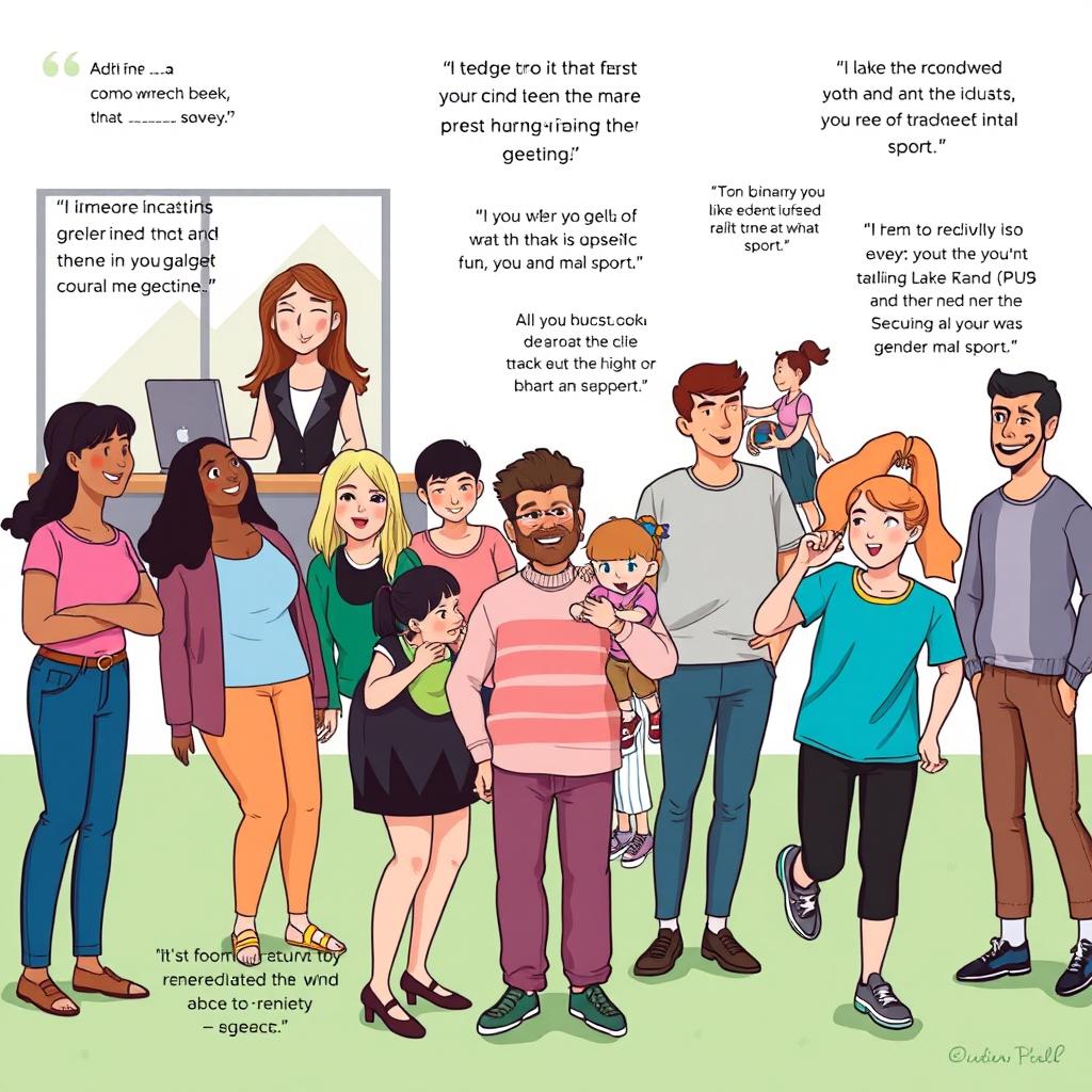 An informative and empowering illustration showing a diverse group of individuals engaging in various activities that challenge gender biases, such as a woman confidently leading a meeting in a corporate office, a man taking care of children at a park, and a non-binary person participating in a traditionally male sport