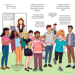 An informative and empowering illustration showing a diverse group of individuals engaging in various activities that challenge gender biases, such as a woman confidently leading a meeting in a corporate office, a man taking care of children at a park, and a non-binary person participating in a traditionally male sport