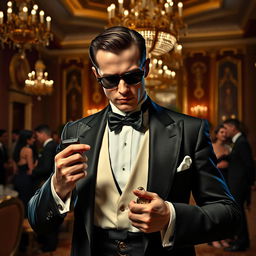 A sophisticated and enigmatic aristocratic spy dressed in an elegant tuxedo, with a confident posture and an air of mystery