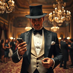 A sophisticated and enigmatic aristocratic spy dressed in an elegant tuxedo, with a confident posture and an air of mystery