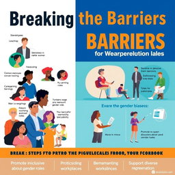 A vibrant and engaging poster design titled "Breaking the Barriers: Challenging Gender Biases in Everyday Life"