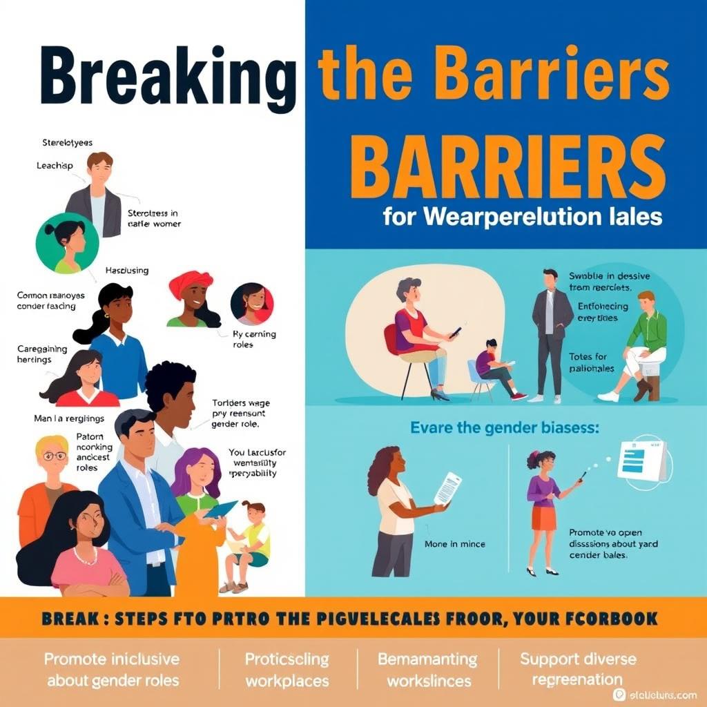 A vibrant and engaging poster design titled "Breaking the Barriers: Challenging Gender Biases in Everyday Life"