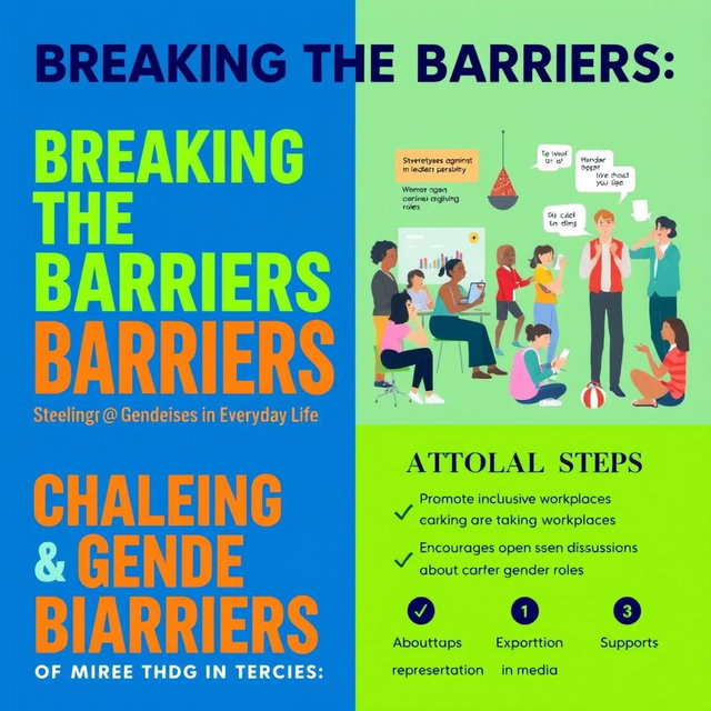 A vibrant and engaging poster design titled "Breaking the Barriers: Challenging Gender Biases in Everyday Life"
