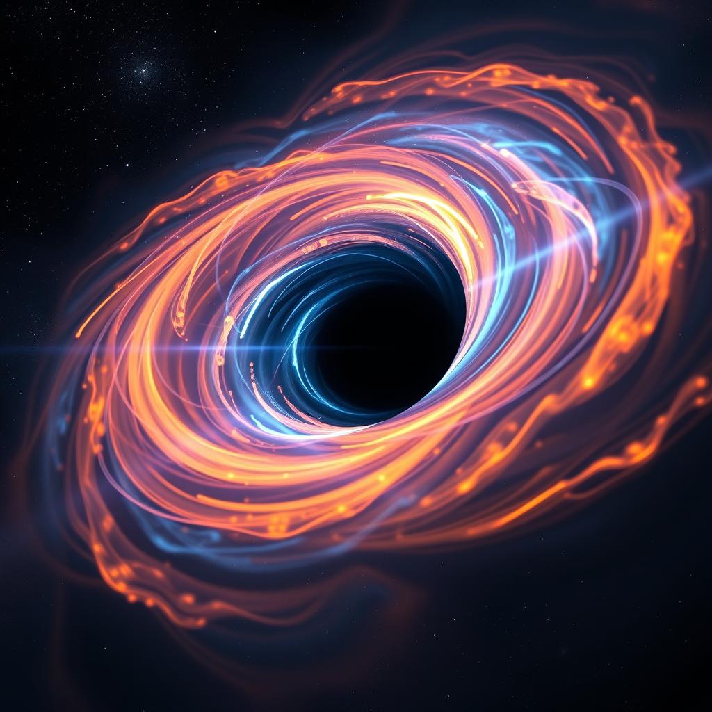 A stunning visualization of a black hole, showcasing its swirling accretion disk illuminated with vibrant colors