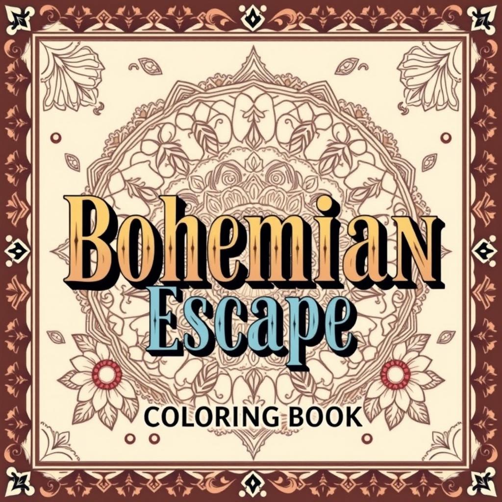 Cover for a book titled 'Bohemian Escape: Relaxing Coloring Book' featuring large, beautiful vintage-style lettering, surrounded by intricate Bohemian patterns and designs