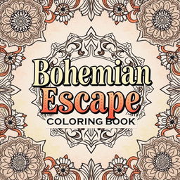 Cover for a book titled 'Bohemian Escape: Relaxing Coloring Book' featuring large, beautiful vintage-style lettering, surrounded by intricate Bohemian patterns and designs