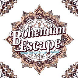 Cover for a book titled 'Bohemian Escape: Relaxing Coloring Book' featuring large, beautiful vintage-style lettering, surrounded by intricate Bohemian patterns and designs