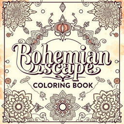 Cover for a book titled 'Bohemian Escape: Relaxing Coloring Book' featuring large, beautiful vintage-style lettering, surrounded by intricate Bohemian patterns and designs