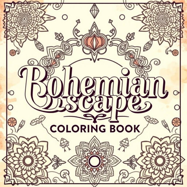 Cover for a book titled 'Bohemian Escape: Relaxing Coloring Book' featuring large, beautiful vintage-style lettering, surrounded by intricate Bohemian patterns and designs