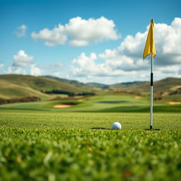 A close-up view of a beautiful golf course, showcasing meticulously manicured grass, with vibrant green fairways and well-placed bunkers