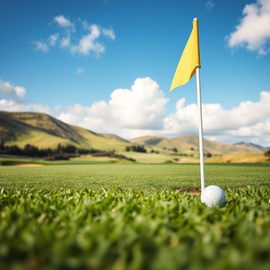 A close-up view of a beautiful golf course, showcasing meticulously manicured grass, with vibrant green fairways and well-placed bunkers