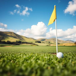 A close-up view of a beautiful golf course, showcasing meticulously manicured grass, with vibrant green fairways and well-placed bunkers