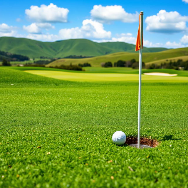 A close-up view of a beautiful golf course, showcasing meticulously manicured grass, with vibrant green fairways and well-placed bunkers