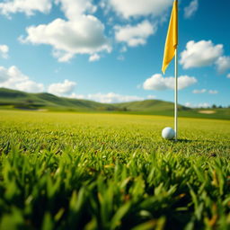A close-up view of a beautiful golf course, showcasing meticulously manicured grass, with vibrant green fairways and well-placed bunkers