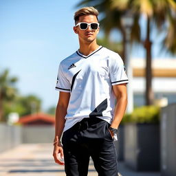 A fashionable person wearing a stylish white jersey with a sleek design, paired with black bottoms that complement the outfit