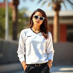 A fashionable person wearing a stylish white jersey with a sleek design, paired with black bottoms that complement the outfit