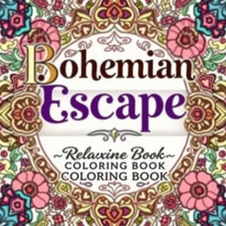 A beautiful book cover for 'Bohemian Escape: Relaxing Coloring Book' featuring large, elegant vintage-style typography