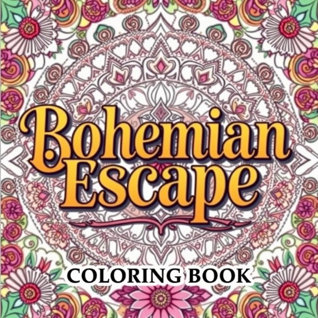 A beautiful book cover for 'Bohemian Escape: Relaxing Coloring Book' featuring large, elegant vintage-style typography