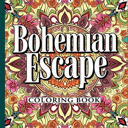 A beautiful book cover for 'Bohemian Escape: Relaxing Coloring Book' featuring large, elegant vintage-style typography