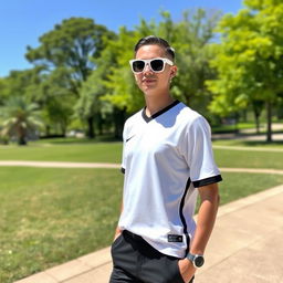 A stylish individual wearing a crisp white jersey, paired with sleek black bottoms that enhance their fashionable appearance