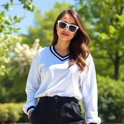 A stylish individual wearing a crisp white jersey, paired with sleek black bottoms that enhance their fashionable appearance