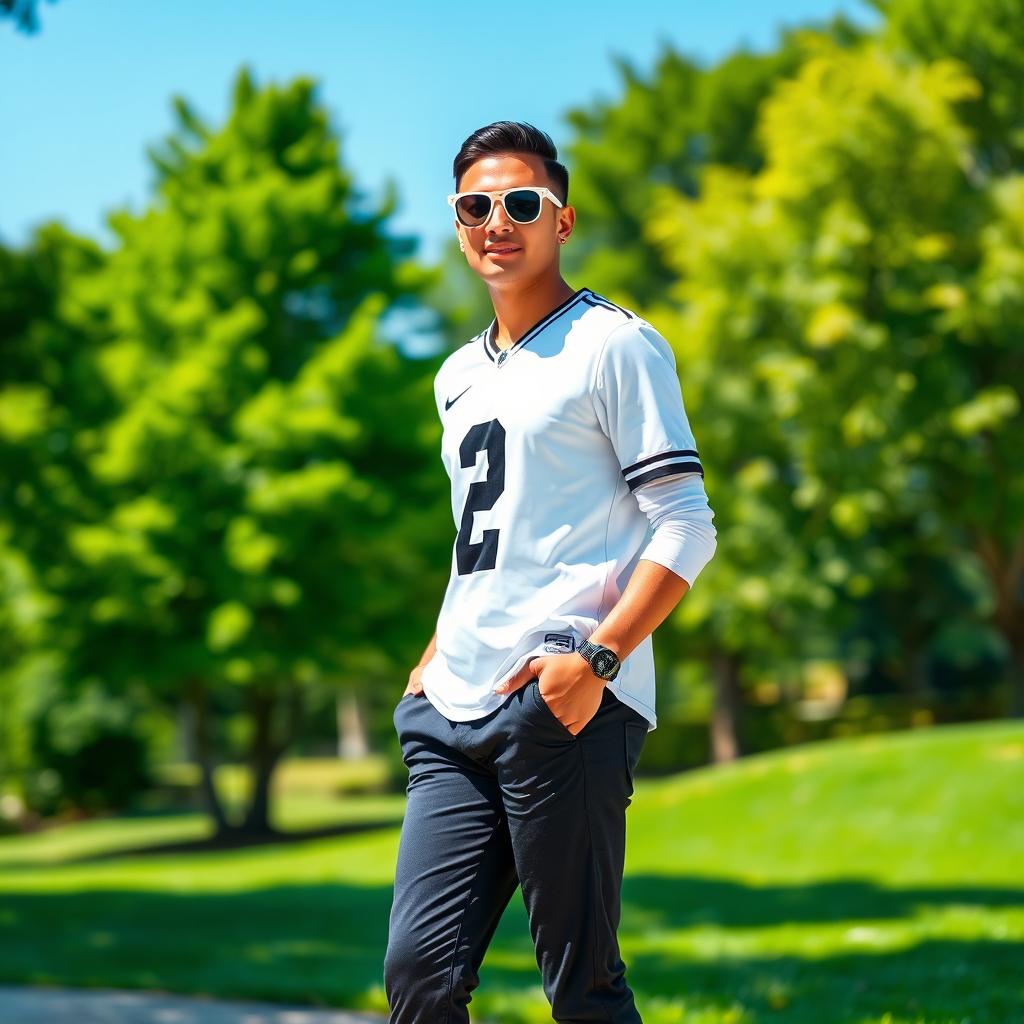 A stylish individual wearing a crisp white jersey, paired with sleek black bottoms that enhance their fashionable appearance