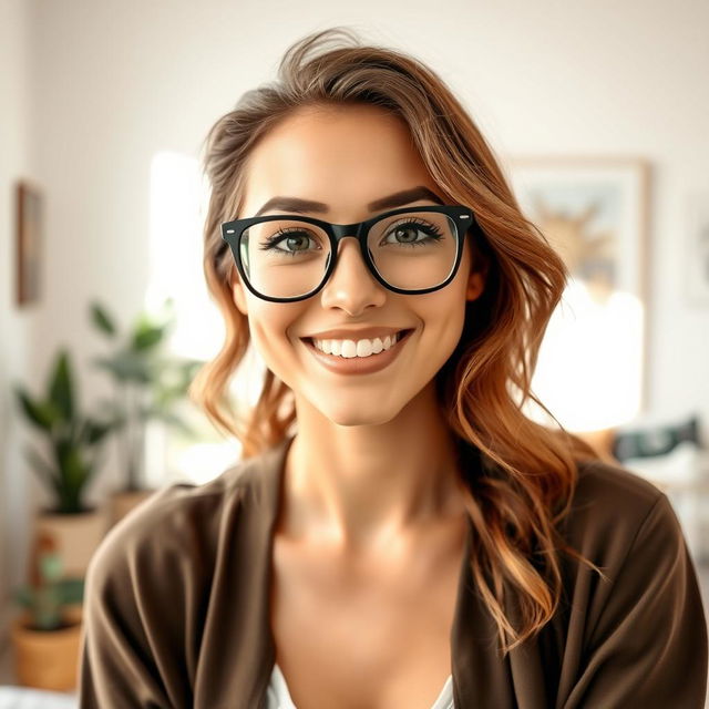 A playful scene featuring an attractive young woman with a charming smile, wearing stylish glasses